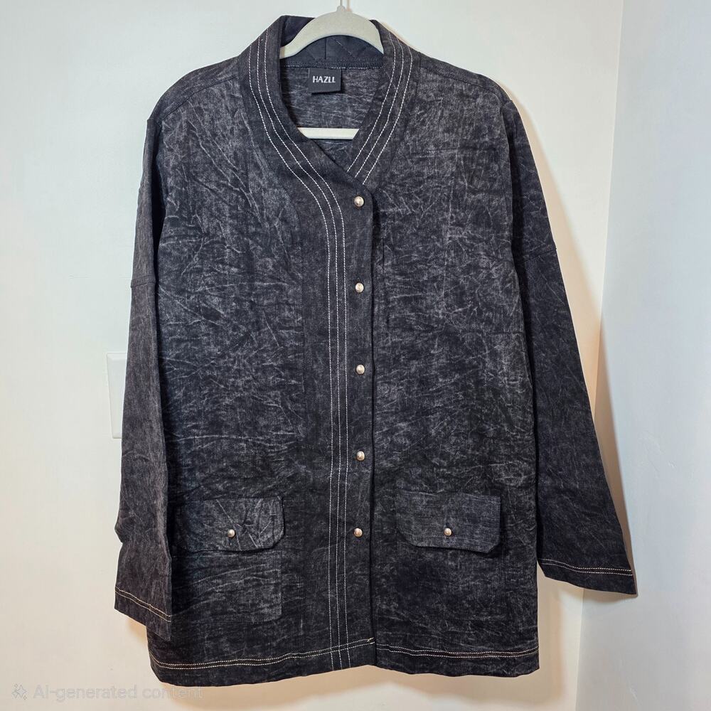 Men's Acid Wash Denim Jean Chore Jacket Size M Oversized Black Pockets Grunge - Picture 2 of 10